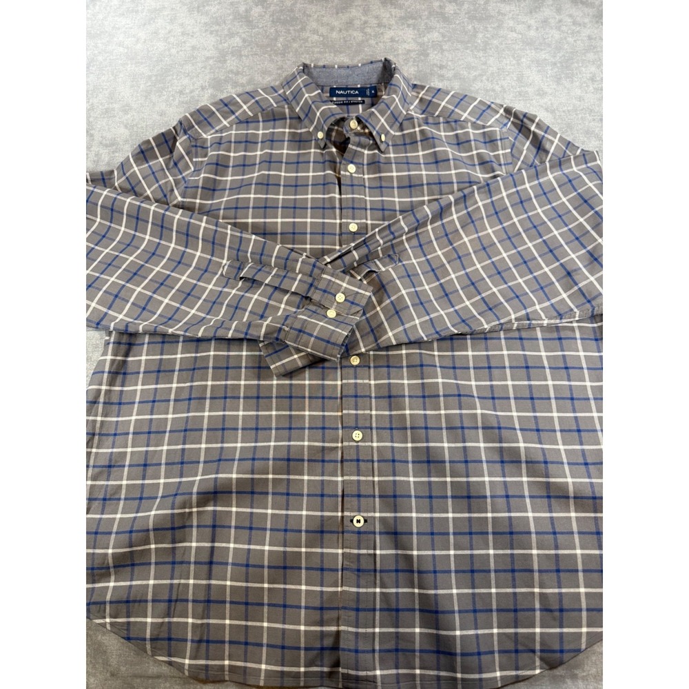 Nautica Mens XL Classic Fit Stretch Plaid Shirt Gray Blue Cotton Button Down